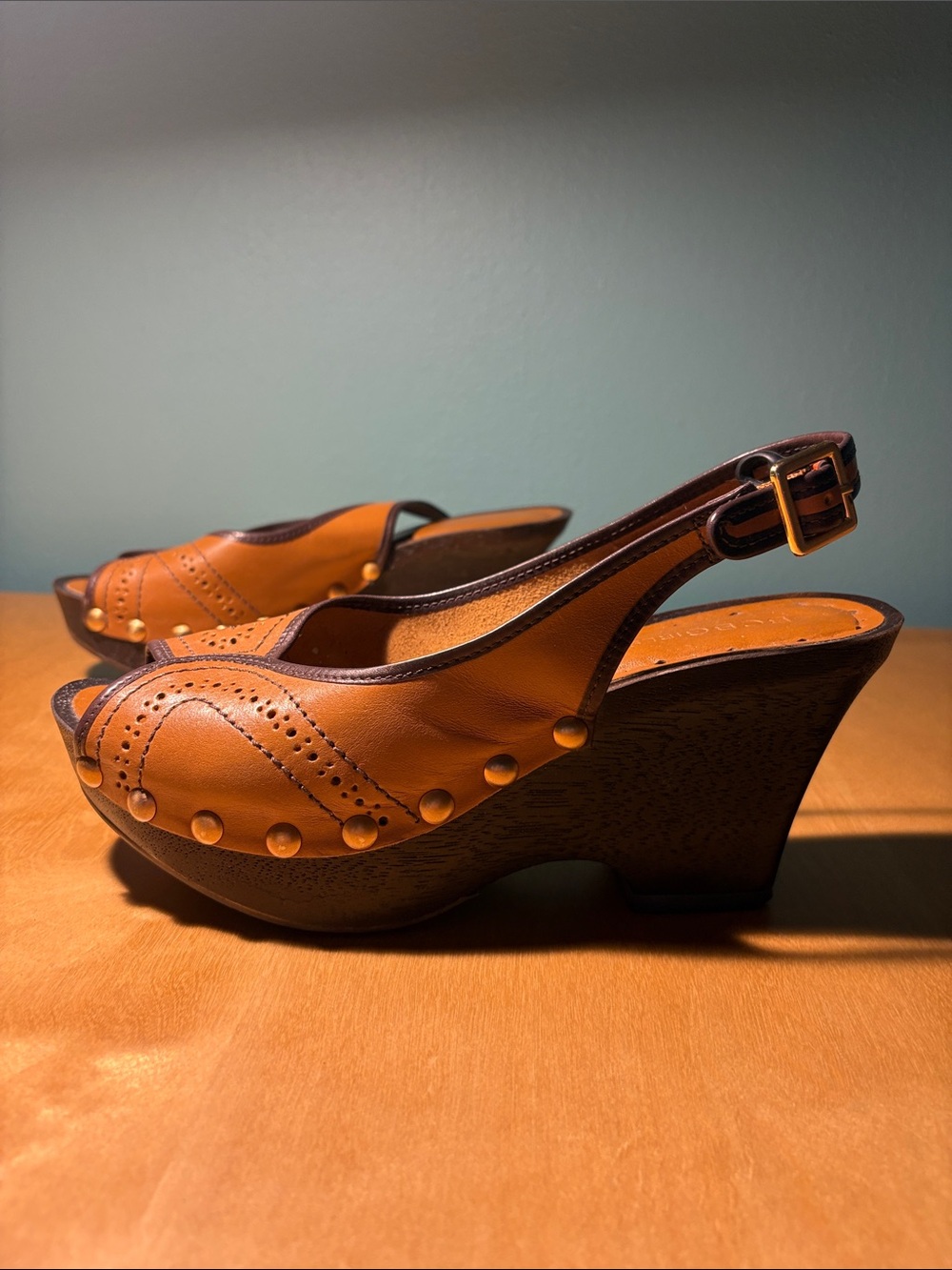 BCBGirls Tan Leather Slingback Wedge Sandals